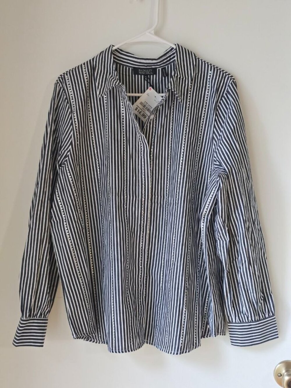 Badgley Mischka Rhinestone Shirt NWT Womens XL Black White Stripe Cotton Blouse
